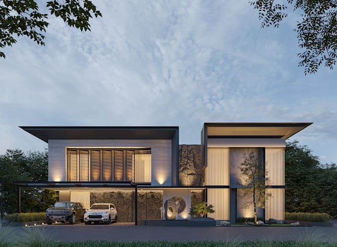 make 3d exterior rendering with day view and night view