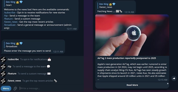Write telegram bot in python by Asmsafone | Fiverr