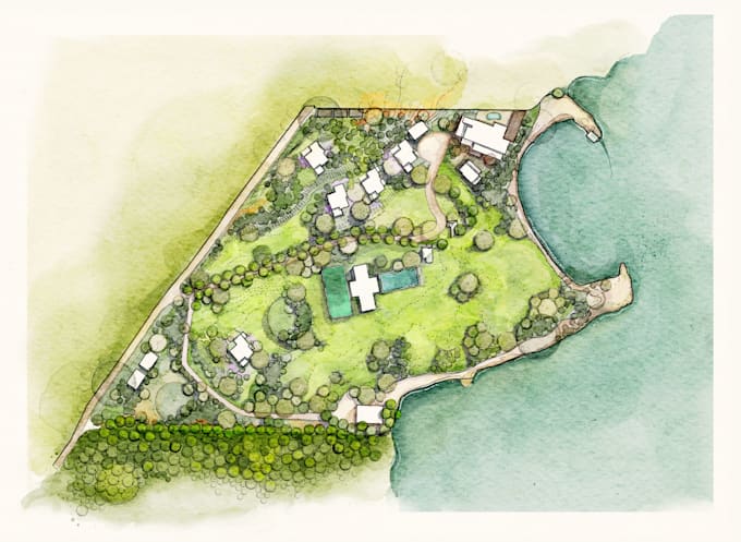 sketch architectural and landscape site plan rendering
