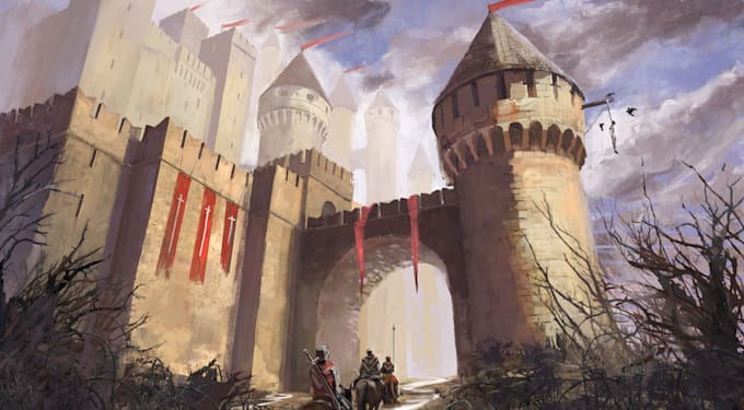 draw epic fantasy castles for  book cover dnd campaing or trading card games