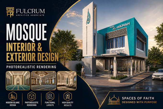 design islamic mosque exterior, interior realistic 3d render