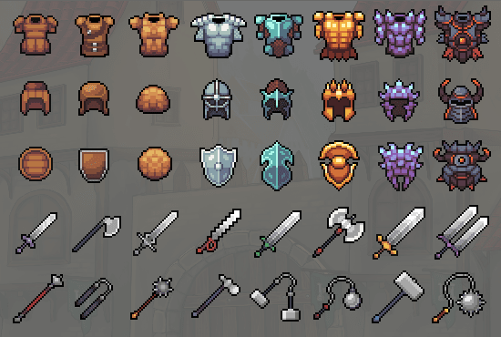 create pixel art weapons, armor, items and menu icons