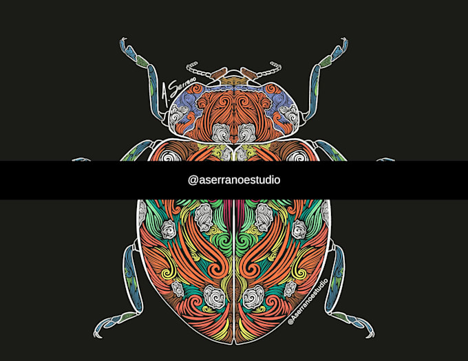 to digitally illustrate an insect with a black background in psychedelic