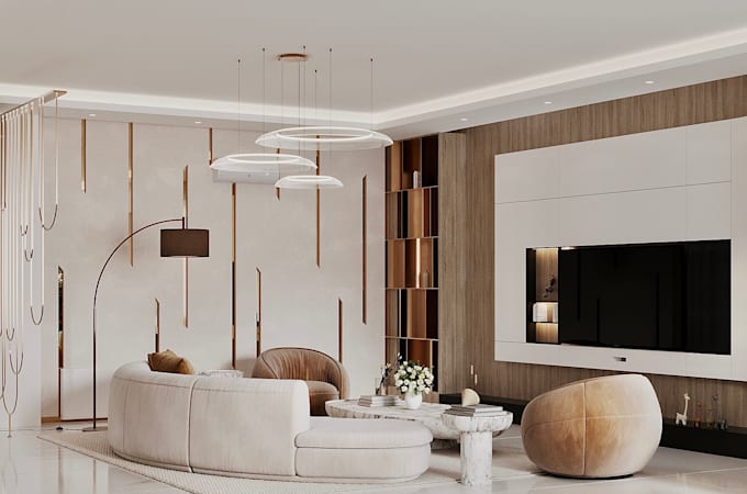 do interior design living room and provide 3d rendering