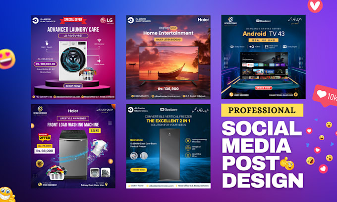 design social media posts, banners, logo, and t shirt designs
