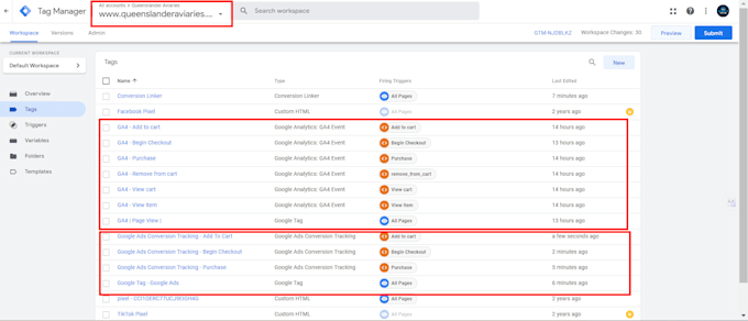set google ads conversion tracking, analytics 4, ga4 ecommerce tracking via GTM