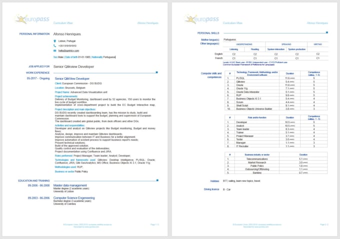 write an european official europass curriculum vitae CV