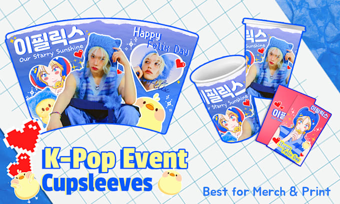 design cup sleeve, keychain, handbanner for kpop event