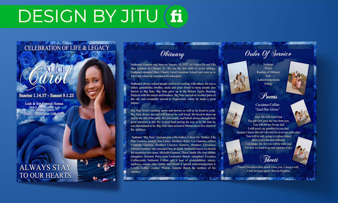 design funeral program, obituary, memorial event flyer