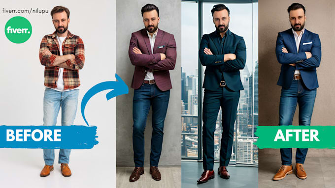 create a professional headshot with outfit change, retouch and background change