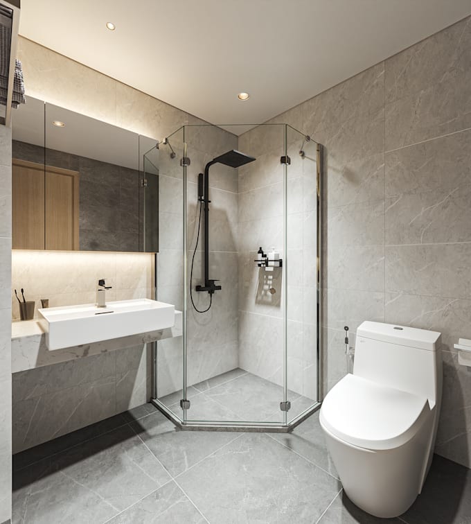 design a modern and realistic 3d bathroom interior using 3ds max and corona