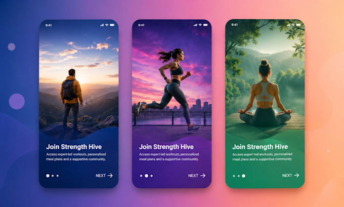 design onboarding and splash screens, mobile app mockups for ios and android