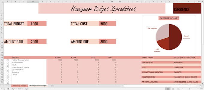 provide a personal wedding planner spreadsheet, in excel