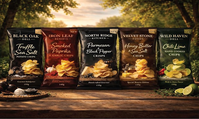 do premium product chips, snacks, standup pouch bags packaging label design