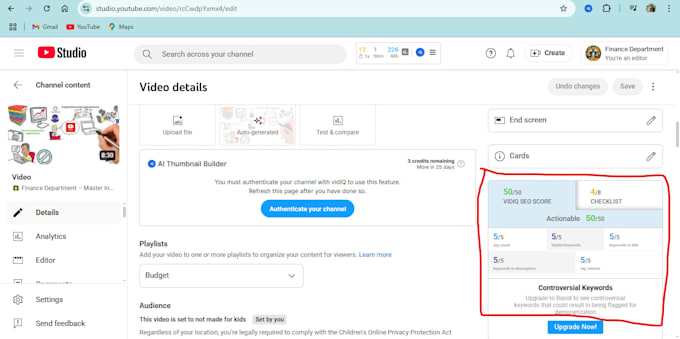 create, setup and SEO optimize your youtube channel and videos for fast growth