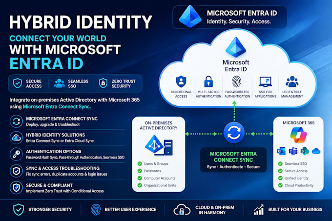 configure microsoft entra id, mfa, hybrid identity, sso and conditional access