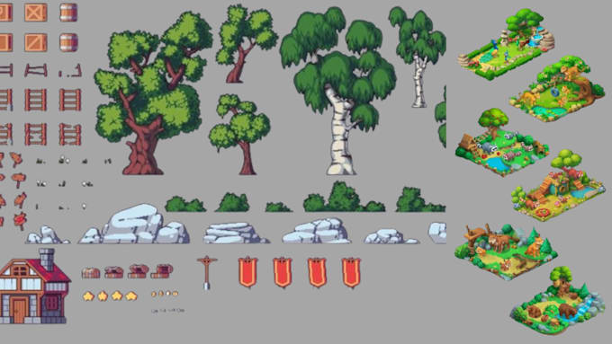 Create 2d game art asset, 2d pixel art game, props, icon, sprite sheet ...