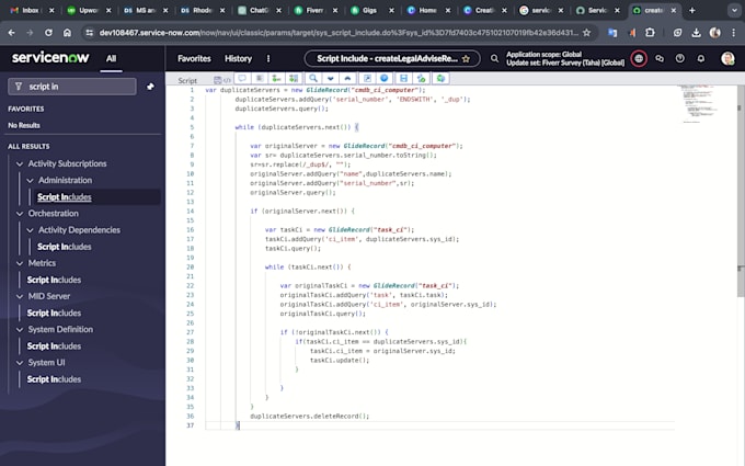 assist with any servicenow integration, scripting work