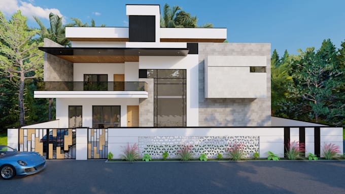 design modern house exterior with realistic 3d rendering