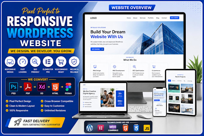 convert PSD, figma, xd, PDF, or HTML to a responsive wordpress website