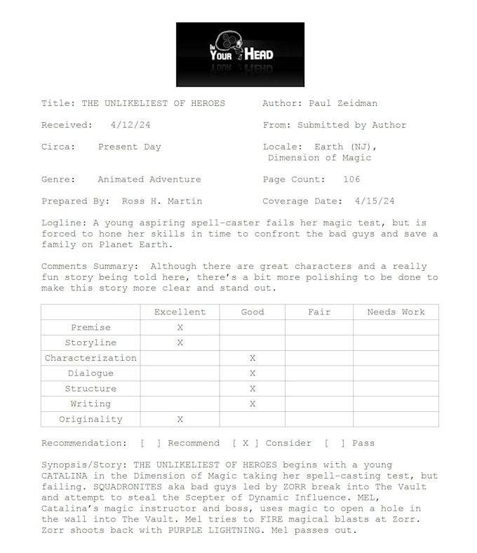 read your screenplay and write notes to improve your story