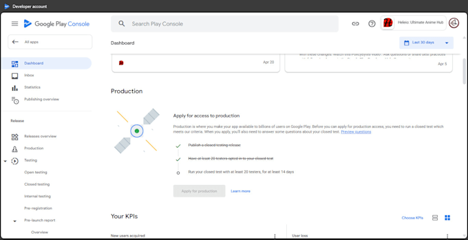 publish the android app on the google play store with 20 tester