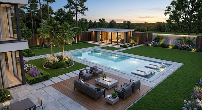 design backyard front yard terrace deck garden pool patio 3d landscape rendering
