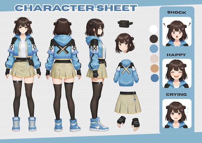 draw anime art character sheet or reference sheet design vtuber model