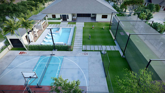 design backyard frontyard home garden, pool, patio, deck, 3d landscape rendering
