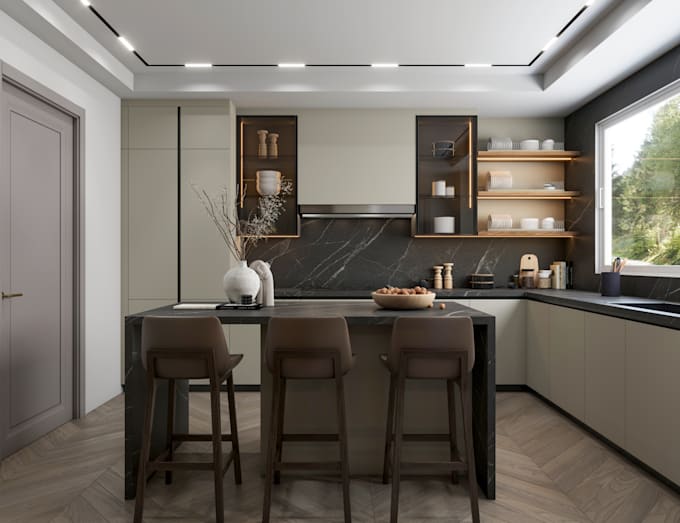do realistic 3d kitchen interior visualization and renders