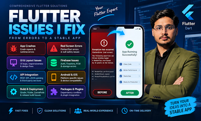fix flutter bugs, errors, crashes and red screen issues