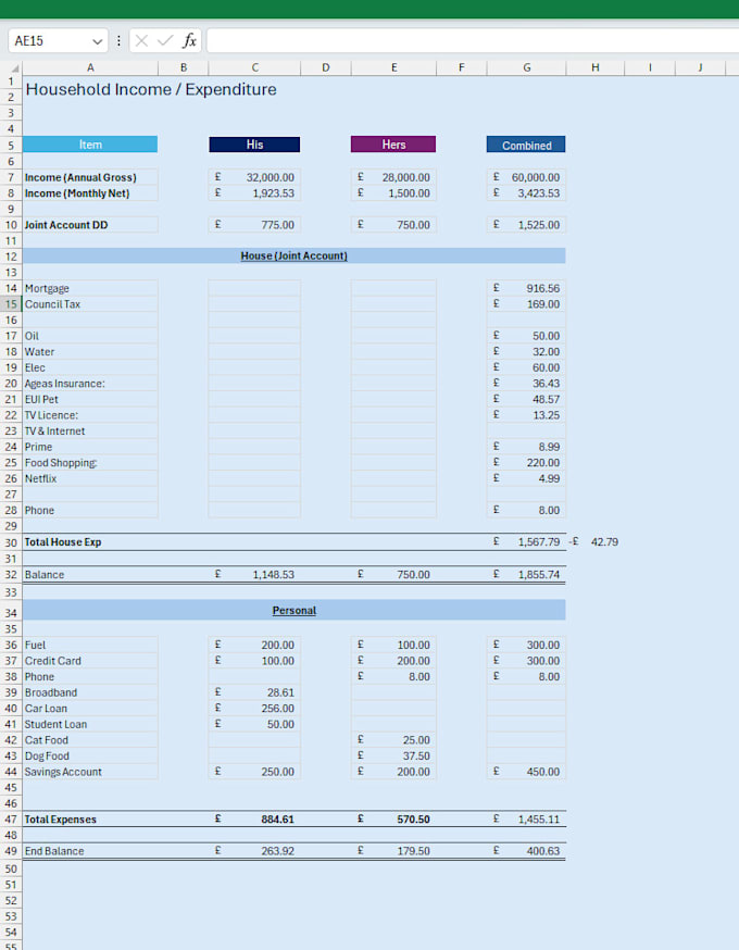 provide excel household domestic budgeting sheet