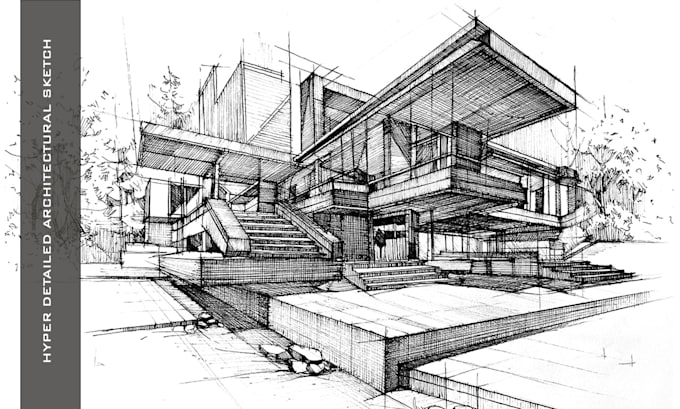 do architectural hand drawing in black and white