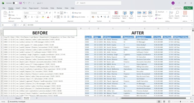 clean, format, merge, split excel data