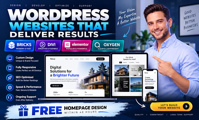 design wordpress website using divi, elementor, bricks, and oxygen builder