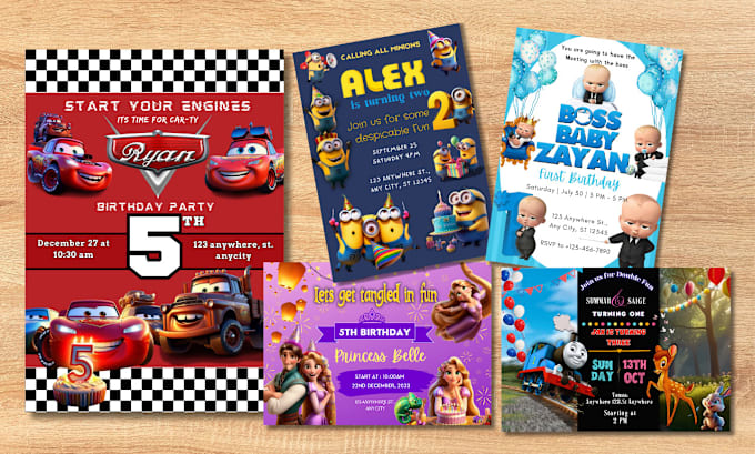 design kids birthday invitations in any disney or cartoon theme