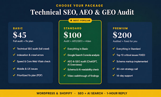 do technical SEO audit, aeo and GEO audit to fix your site