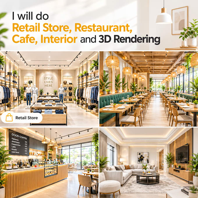 do retail store, restaurant, cafe, interior and 3d rendering