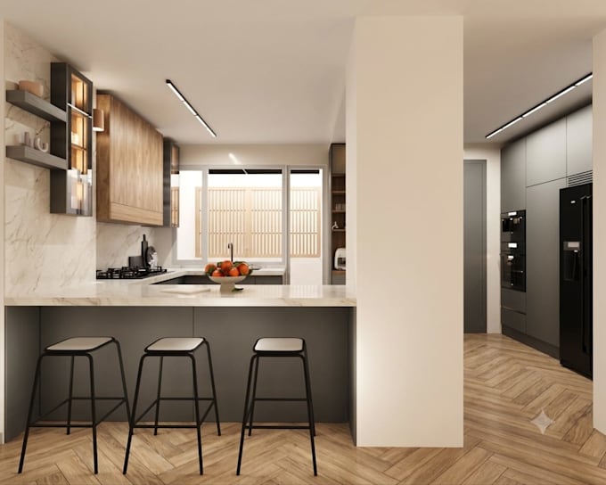 create professional 3d kitchen design, layout, and realistic rendering