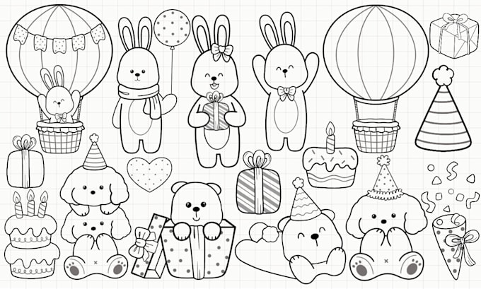 draw cute black line art characters and items