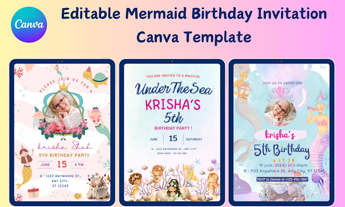 mermaid birthday invite canva templates ,editable