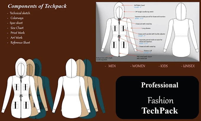 create professional fashion technical sketch and tech packs