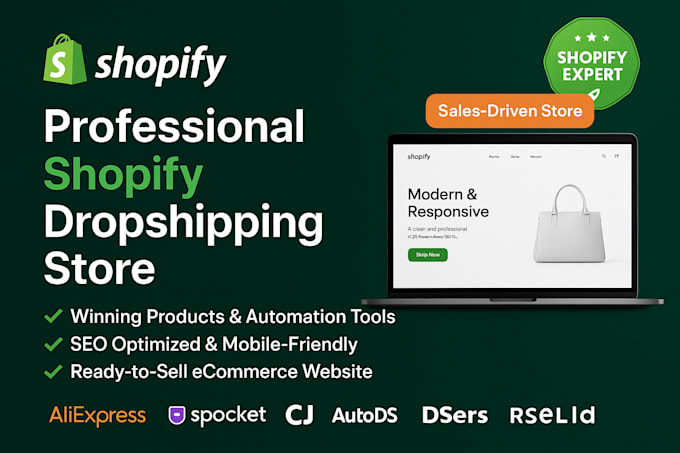 create design shopify dropshipping store via aliexpress spocket cj autods temu