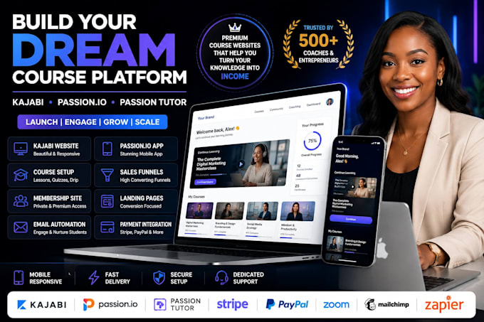create a kajabi website, teachable, thinkific passion io app course creation