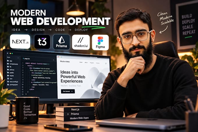 develop websites with next js t3, prisma, shadcn, figma to next js