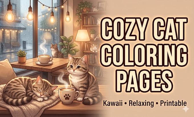 create cozy cat café coloring pages for KDP and etsy
