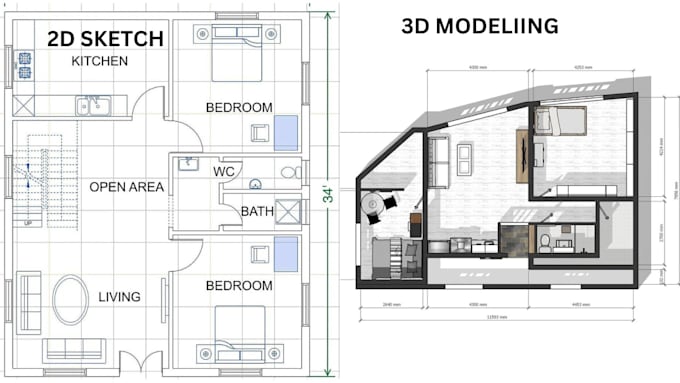 draw a complete architectural 2d drawing elevation section 3d model in autocad