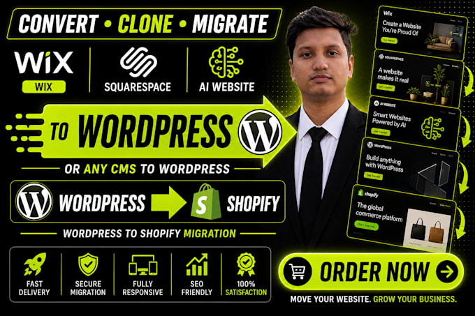 clone wix, squarespace, ai website to wordpress or migrate wordpress to shopify