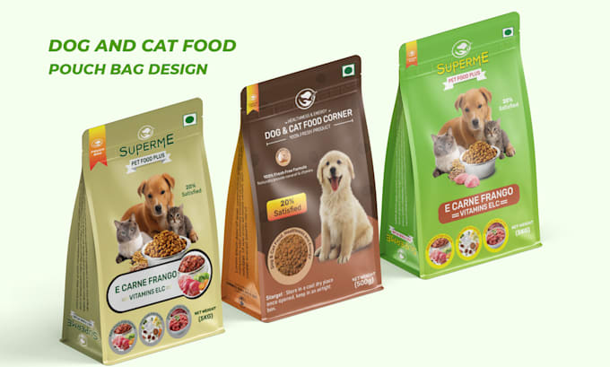 on food packaging, stand up pouch bag, pet food, coffee bags and chips packet