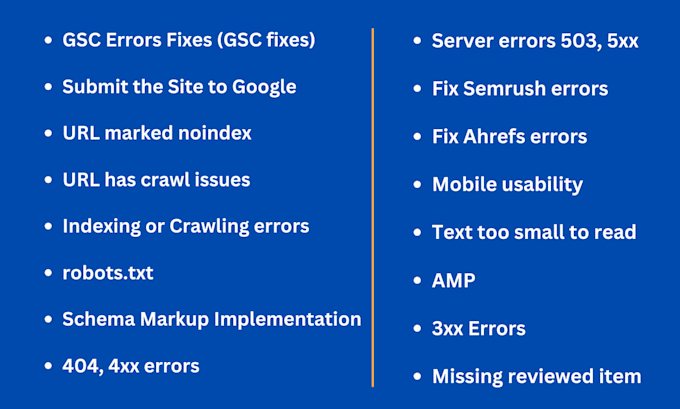 fix google search console errors, semrush, or page indexing issues
